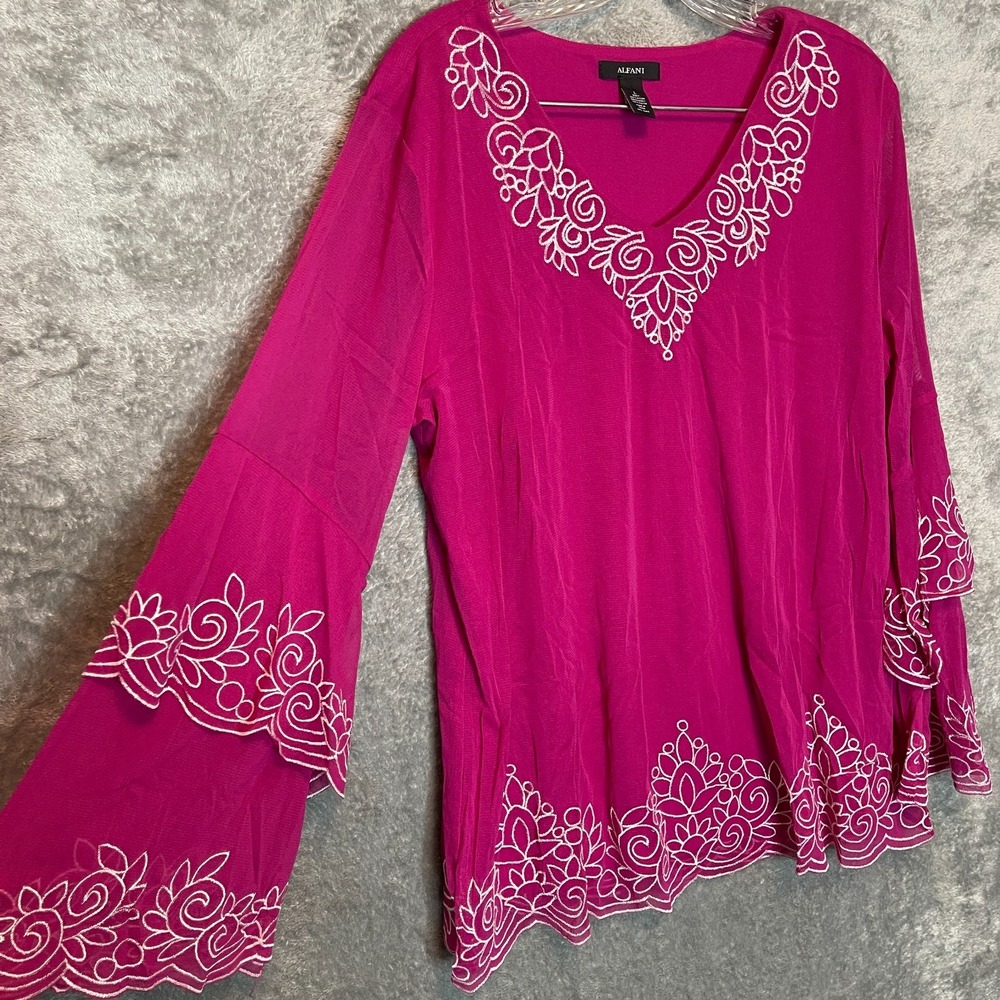 Alfani Womens Embroidered Fuchsia Mesh Tunic Top L Boho Romantic Feminine Sheer